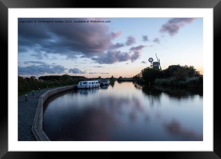 Dusk at Turf Fen windpump in the Norfolk Broads Framed Mounted Print by Christopher Keeley