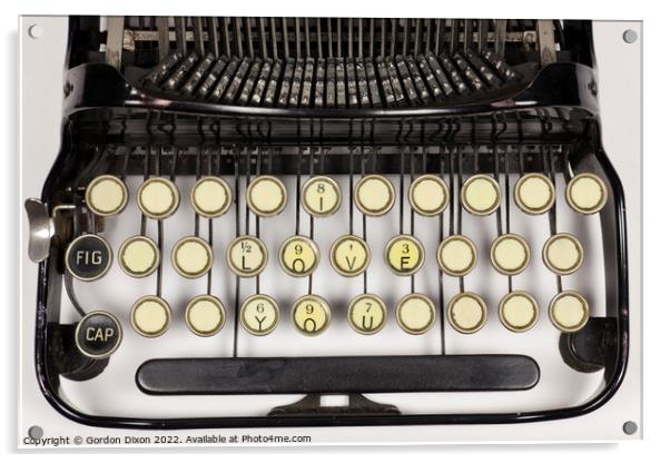 Old typewriter keys rearranged to say I LOVE YOU. Acrylic by Gordon Dixon