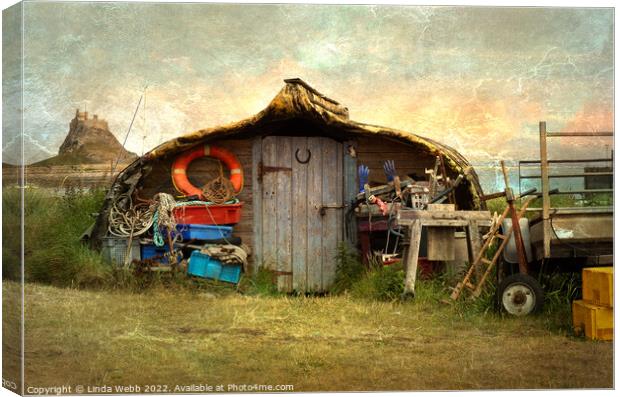 Fisherman's Hut on the shore of Lindisfarne, Holy  Canvas Print by Linda Webb