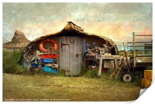 Fisherman's Hut on the shore of Lindisfarne, Holy  Print by Linda Webb