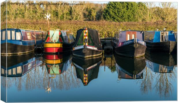 Reflections of Narrow boats  Canvas Print by Jo Sowden