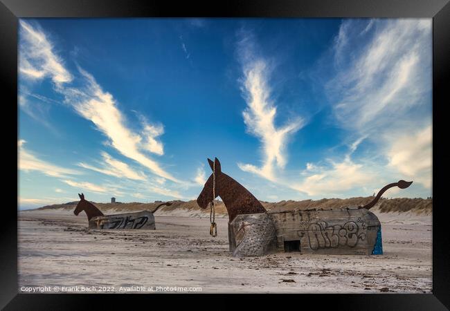 Bunker mules statues on a Nortj Sea coast beach in Blaavand, Den Framed Print by Frank Bach