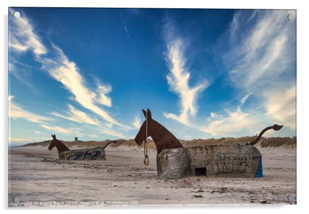 Bunker mules statues on a Nortj Sea coast beach in Blaavand, Den Acrylic by Frank Bach