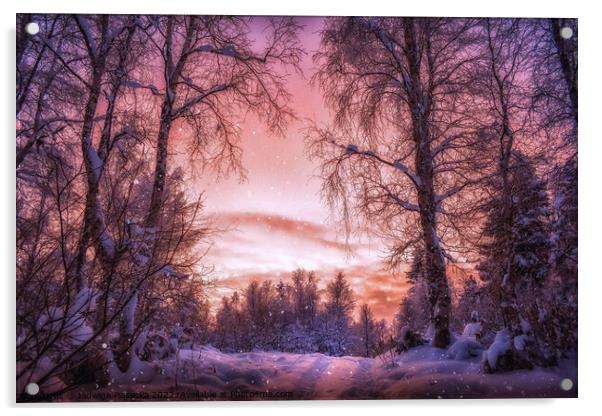 Beautiful Sunset in snowy Finland  Acrylic by Jadwiga Piasecka