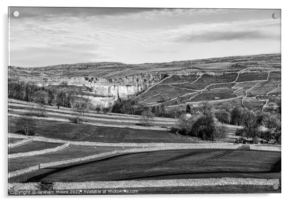 Malham Cove and surrounding fields monochrome Acrylic by Graham Moore