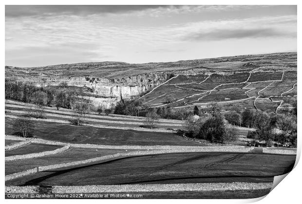 Malham Cove and surrounding fields monochrome Print by Graham Moore