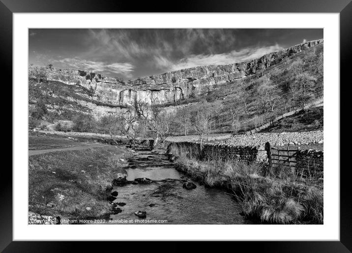 Malham Cove and Malham Beck monochrome Framed Mounted Print by Graham Moore