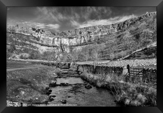 Malham Cove and Malham Beck monochrome Framed Print by Graham Moore