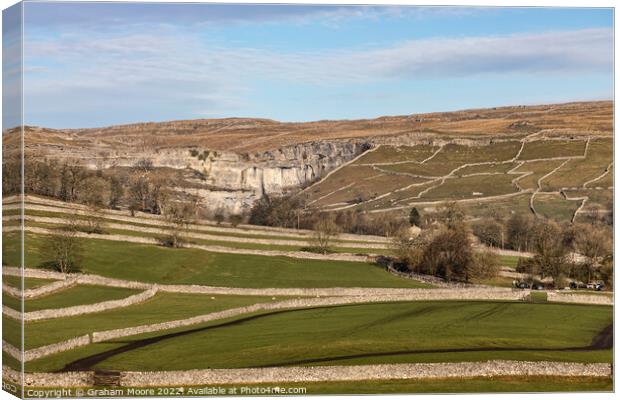 Malham Cove and surrounding fields Canvas Print by Graham Moore