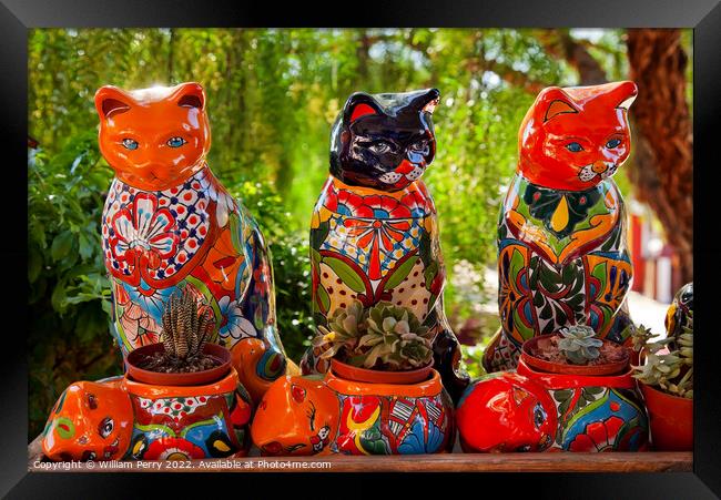 Mexican Colorful Ceramic Cats Old San Diego California Framed Print by William Perry