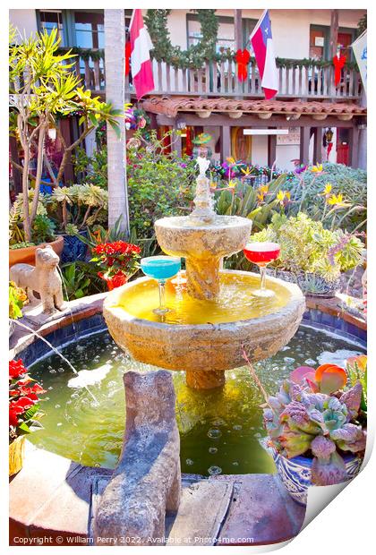 Fountain Margarita Glasses Garden Old San Diego California Print by William Perry
