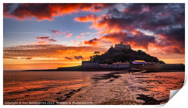 St Michael's Mount in Penzance at sunset Print by Ann Biddlecombe