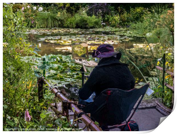 Artist in Claude Monet's water garden at Giverny, France in a digital art format Print by Linda Webb