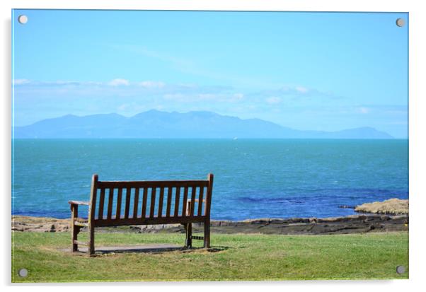 Arran mountains, a Troon bench view Acrylic by Allan Durward Photography