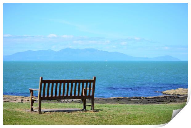 Arran mountains, a Troon bench view Print by Allan Durward Photography