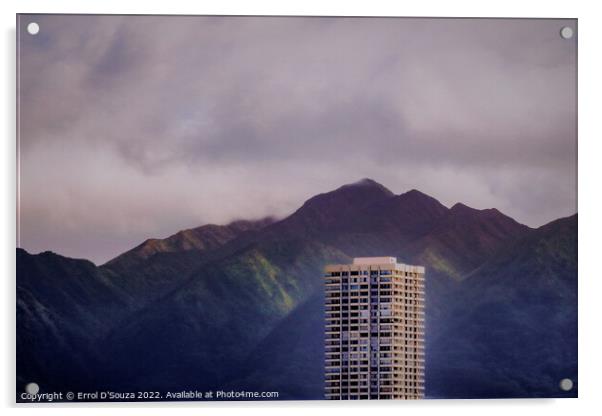 HIghrise Tower against the Wa'ahila Ridge Acrylic by Errol D'Souza