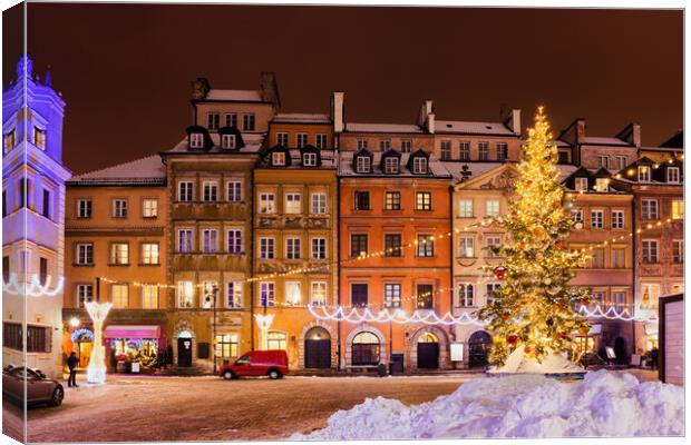 Winter Night In City Of Warsaw During Christmas Holiday Canvas Print by Artur Bogacki