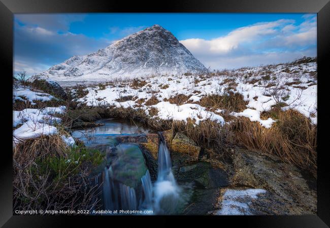 Bauchaille Etive Mor with Stream Framed Print by Angie Morton