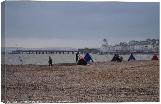 Sea Angling on Hastings Beach. Canvas Print by Mark Ward
