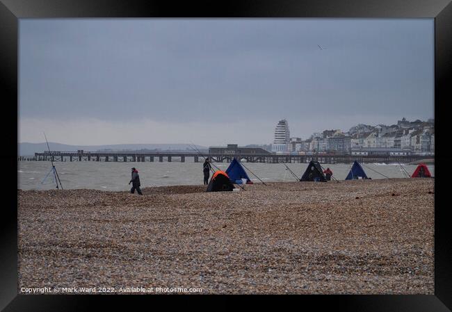 Sea Angling on Hastings Beach. Framed Print by Mark Ward