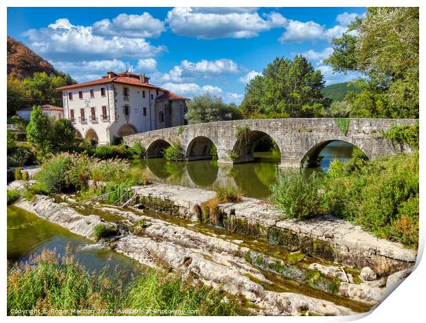 Serene Bridge and Monastery in Cantabria Print by Roger Mechan