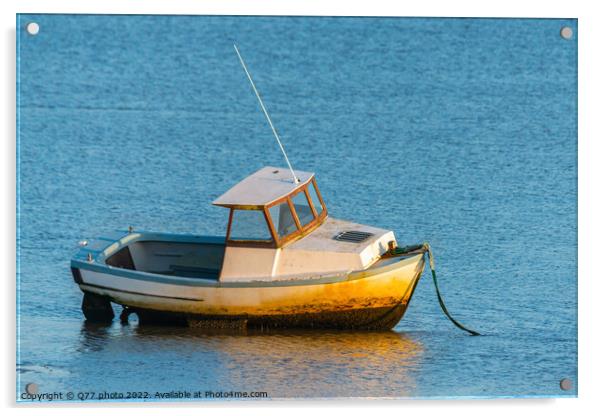 Moored boat illuminated by the rays of the setting sun on the sh Acrylic by Q77 photo