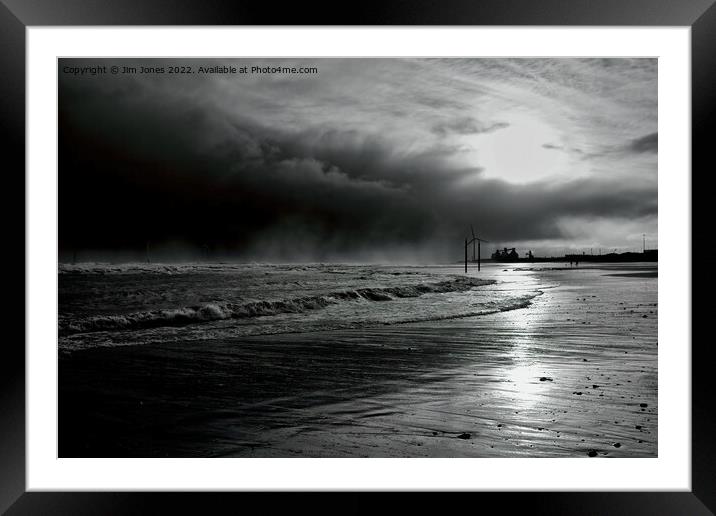 Storm Clouds on Cambois Beach in Monochrome Framed Mounted Print by Jim Jones