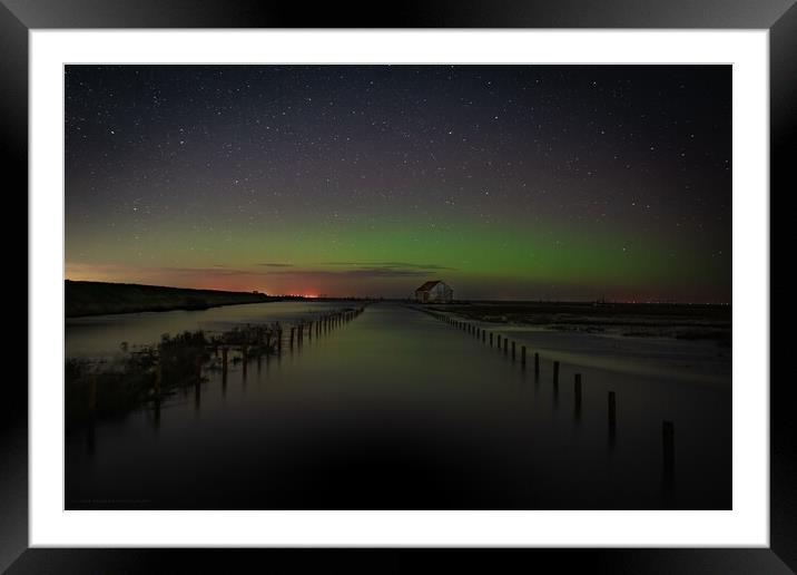 A high Spring tide and the Northern lights over the old coal barn Framed Mounted Print by Gary Pearson