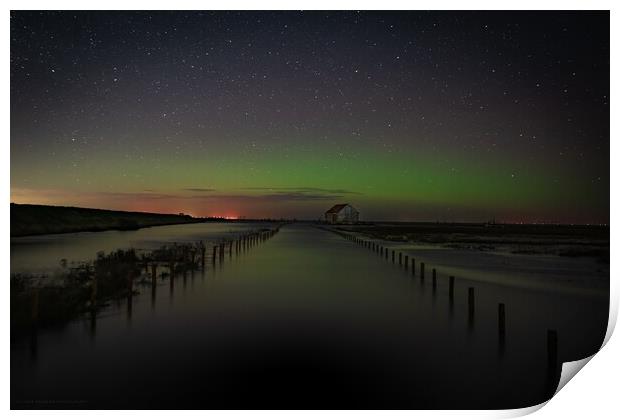 A high Spring tide and the Northern lights over the old coal barn Print by Gary Pearson