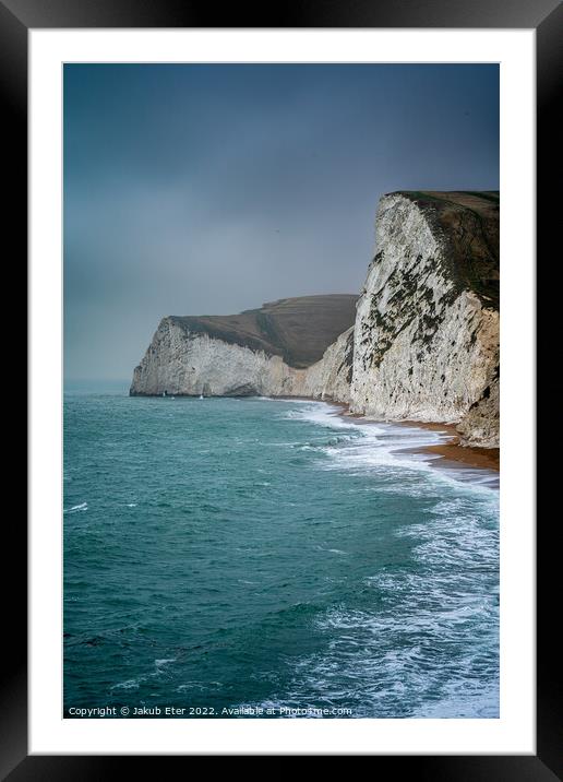 Durdle door beach,sea  in misty day and strong wind  Framed Mounted Print by Jakub Eter