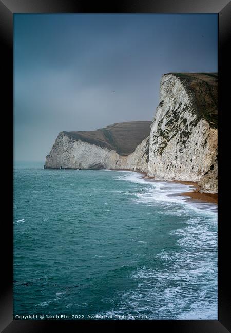 Durdle door beach,sea  in misty day and strong wind  Framed Print by Jakub Eter