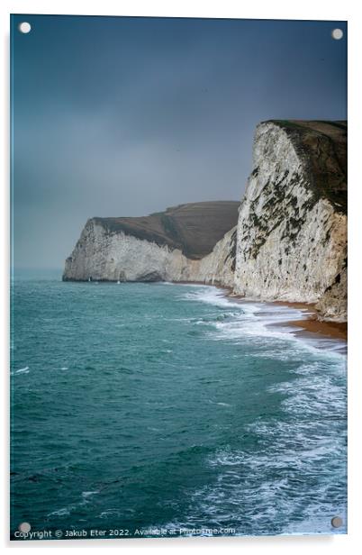 Durdle door beach,sea  in misty day and strong wind  Acrylic by Jakub Eter