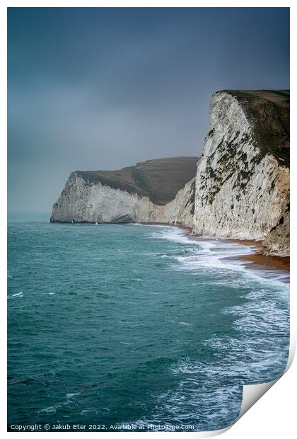 Durdle door beach,sea  in misty day and strong wind  Print by Jakub Eter