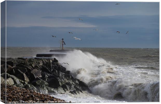 Hastings Harbour Arm being Battered.  Canvas Print by Mark Ward