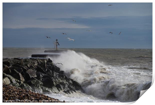 Hastings Harbour Arm being Battered.  Print by Mark Ward