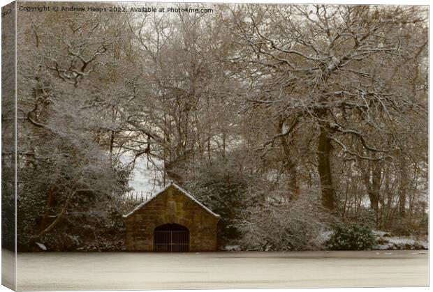 Old boathouse in frosty morning on Biddulph Countr Canvas Print by Andrew Heaps