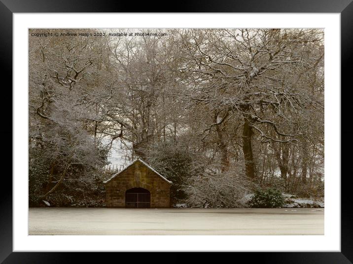 Old boathouse in frosty morning on Biddulph Countr Framed Mounted Print by Andrew Heaps