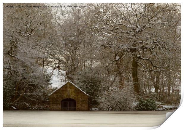 Old boathouse in frosty morning on Biddulph Countr Print by Andrew Heaps