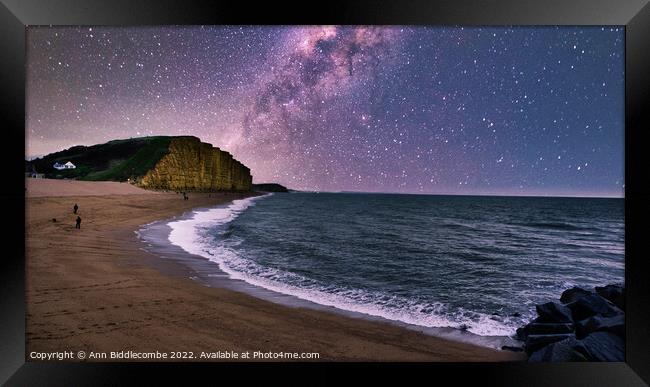 West Bay Beach and Cliffs under the milky way  Framed Print by Ann Biddlecombe