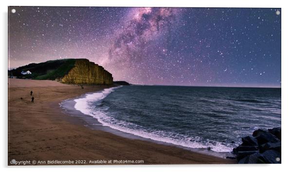 West Bay Beach and Cliffs under the milky way  Acrylic by Ann Biddlecombe