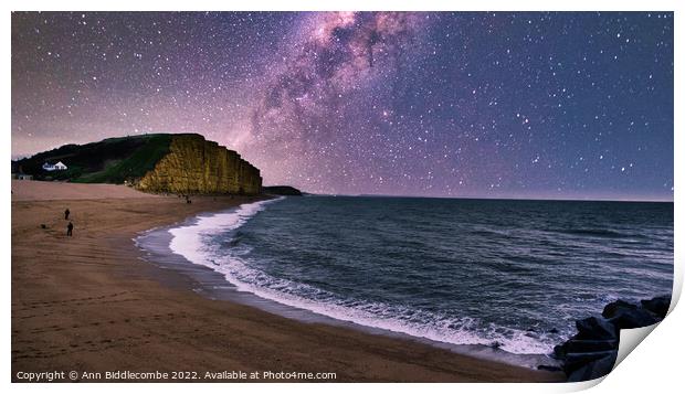 West Bay Beach and Cliffs under the milky way  Print by Ann Biddlecombe