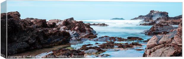Panoramic long exposure of Rocky Beach (Newtrain Bay) rock pools in Cornwall Canvas Print by Milton Cogheil