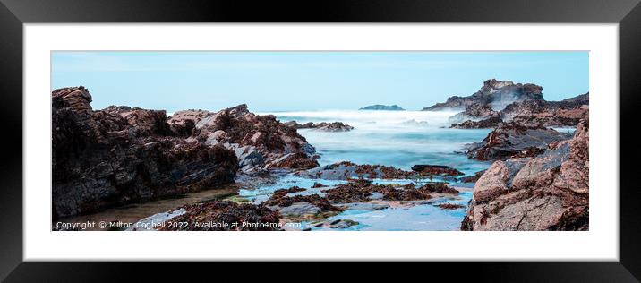 Panoramic long exposure of Rocky Beach (Newtrain Bay) rock pools in Cornwall Framed Mounted Print by Milton Cogheil