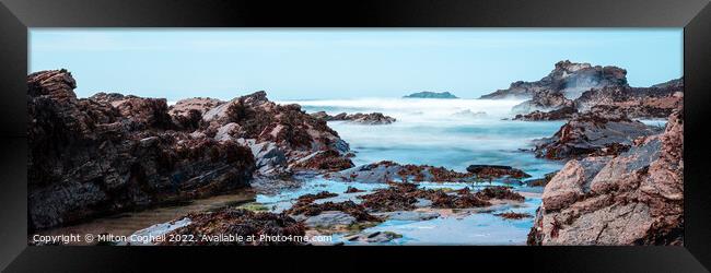 Panoramic long exposure of Rocky Beach (Newtrain Bay) rock pools in Cornwall Framed Print by Milton Cogheil