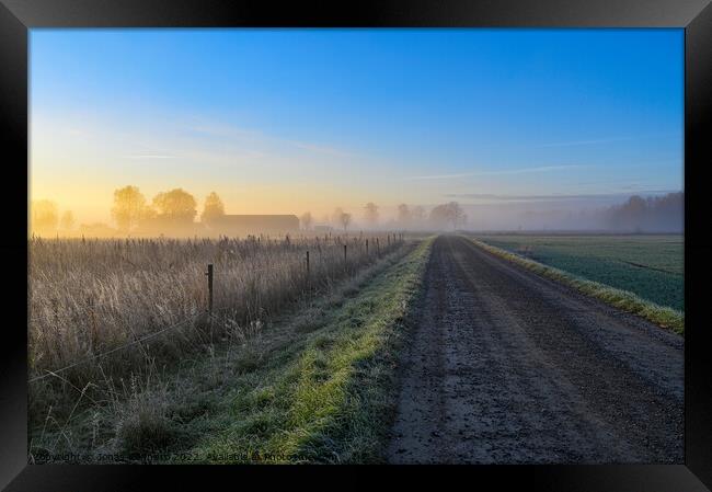 sunrise over fields and gravel road a misty morning Framed Print by Jonas Rönnbro