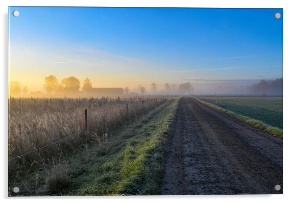 sunrise over fields and gravel road a misty morning Acrylic by Jonas Rönnbro
