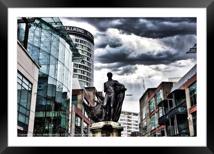 Birmingham centre with Horatio Nelson statue Framed Mounted Print by Ann Biddlecombe