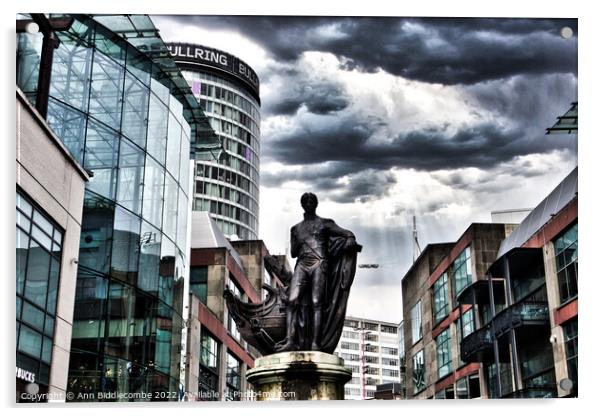 Birmingham centre with Horatio Nelson statue Acrylic by Ann Biddlecombe