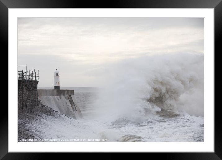 Large waves crash near Porthcawl lighthouse Framed Mounted Print by Andrew Bartlett