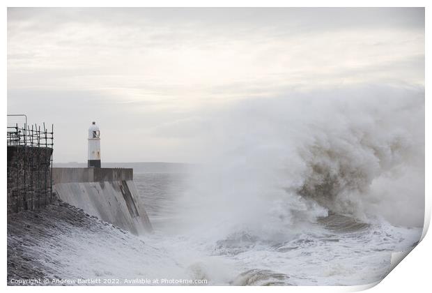 Large waves crash near Porthcawl lighthouse Print by Andrew Bartlett
